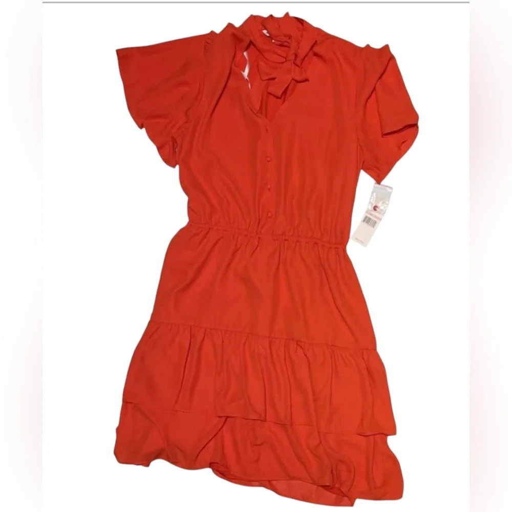NANETTE LEPORE FIT & FLARE DRESS WOMEN ORANGE RUFFLE SHORT SLEEVES SIZE 10 TEN *